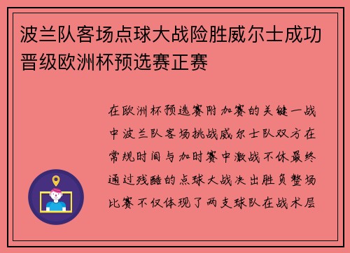 波兰队客场点球大战险胜威尔士成功晋级欧洲杯预选赛正赛